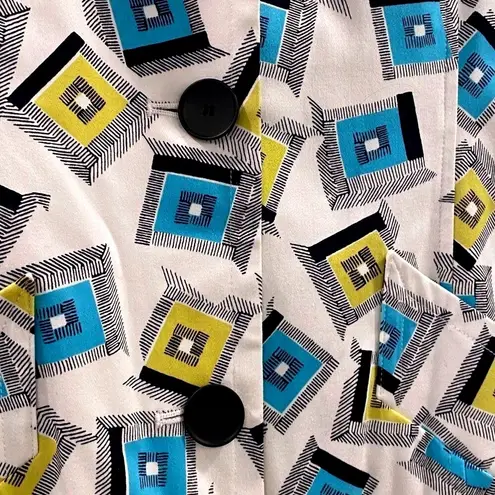 Anne Klein Mod Print Coat Geometric Retro Long Jacket Color Block Graphic S White