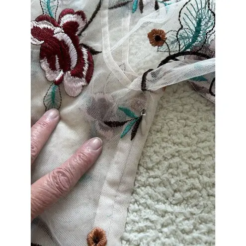 Endless Rose Long Sleeve Round Neck Embroidered Floral Mesh Top Beige/Red Size S