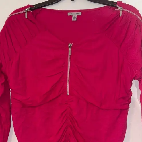 Chic Zippered Hot Pink Blouse with Zipper Shoulders & Front Gathered Middle L Size L