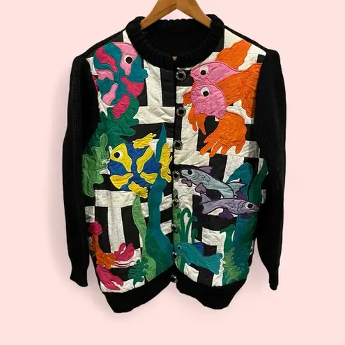 Fab funky fish quilted front sweater chunky button hand made oversized Pink Size XL