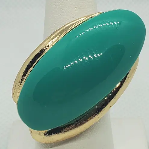 Vintage Retro Teal & Gold Colored Adjustable Ring Blue