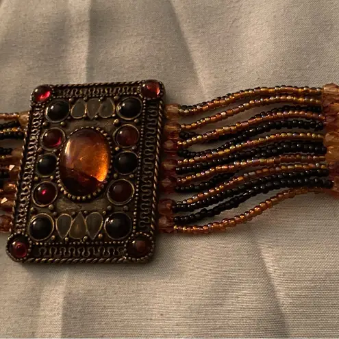 Vintage 9.25” Bracelet Multi Strand Beaded Rectangle Medallion 2” H Orange Black Gold