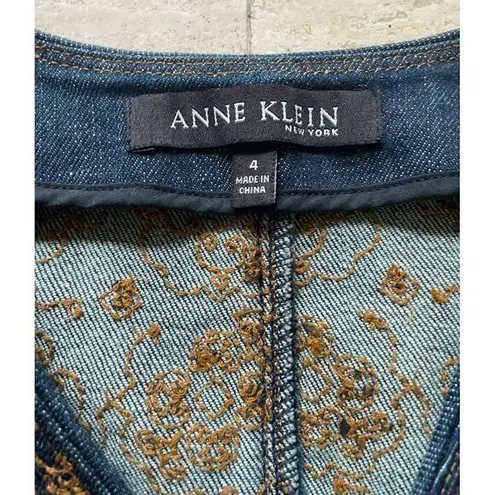 Anne Klein  Floral Embroidered open front‎ Denim Jacket Vintage Style size 4