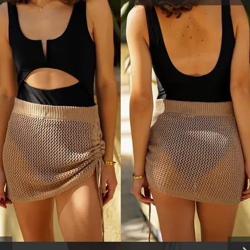 AIMAGE Tan Knit Ruched Semi Sheer Mini Skirt M 2BJ123 Brown Size M