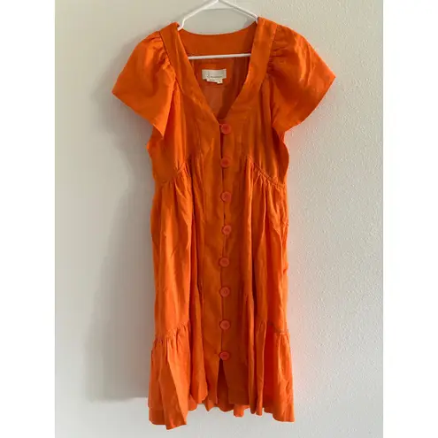 Anthropologie Renee Dress Womens Small Midi Orange Linen Flutter Sleeve Boho