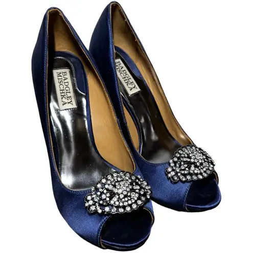 Badgley Mischka Goodie Peep-Toe Pump Satin Stiletto Heel Crystal Royal Blue 6.5