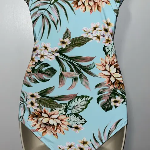 Beach Club Palisades  Blue Wrap Floral One Piece Swimsuit Women’s L Large