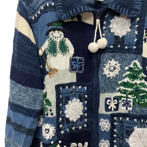 Tiara International Large Christmas Ugly Sweater Cardigan Snowman Holiday Blue