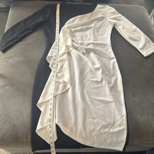 Womens Black & White Asymmetrical Ruffled Front Midi Dress 3/4 Sleeve Size M NEW Size M