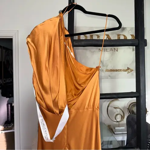 Michelle Mason Asymmetrical Open Back Draped Gown in Copper