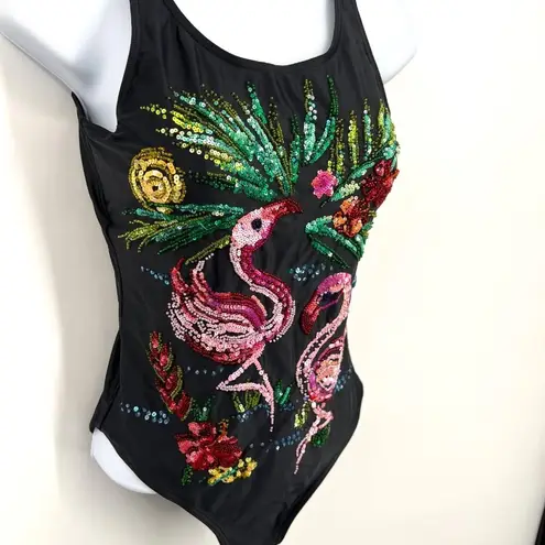 One Piece Y2K Michael Simon Black  Swimsuit with Sequin Flamingos Glitter Bling S