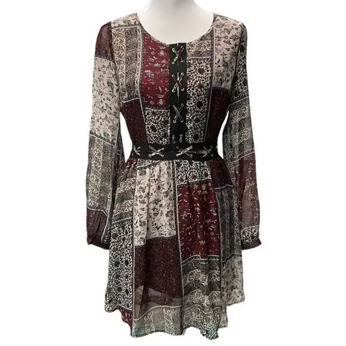 Hommage Women's Patchwork Long Sleeve Mini Dress Size Medium Red Black Tan