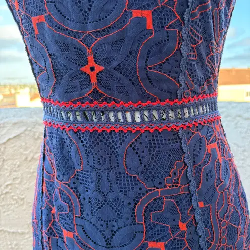 Jonathan Simkhai blue and red embroidered lace fluted hem midi dress size US 0