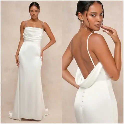 LULU’S Lovely Endearment White Satin Sleeveless Backless Maxi Dress Size L