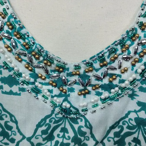 ACE Fashion White Green Beaded V Neck Tunic Cover Up Dress S Boho Resort Wear