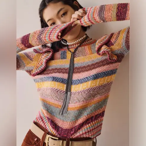 Pilcro x Anthropologie Ruffled Multicolor Rainbow Stripe Pullover Sweater Sz XS
