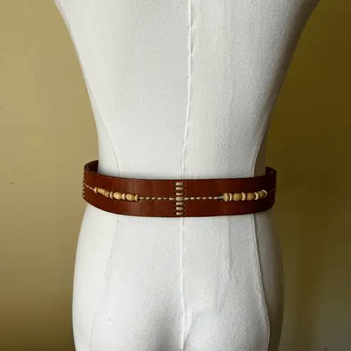 Vintage Brown Leather Belt Contrast Stitching Wood Bead Detail Boho Western 30