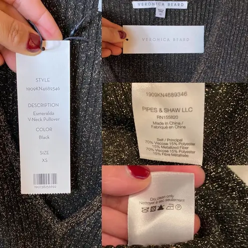 Veronica Beard Esmeralda Ribbed Sweater Black Metallic Peplum V-Neck Pullover XS