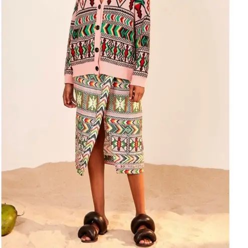 Farm Rio Anthro Women’s Yawanawa Aztec Print Amulet Linen Wrap Midi Skirt Sz S