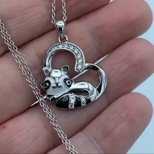 Raccoon In Heart Sterling Silver CZ Necklace