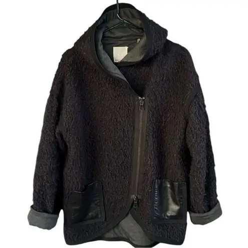 Rebecca Taylor EUC Fleece / Leather Zip Front Hoodie Jacket Black Size Small