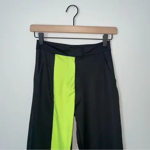 High Waist Color Block Black Pants with Neon Green Stripe Size XS