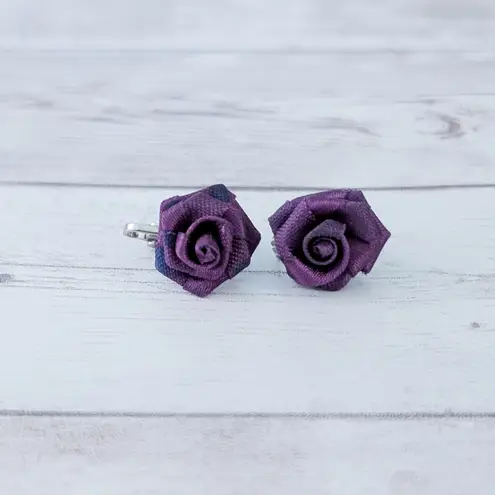 Vintage Clip On Earrings Purple Fabric Rose 5/8"