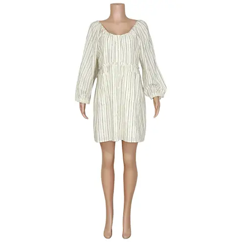 EMERSON FRY Jasmine Button Down Dress, Ivory Hemp Stripe Organic, Large Blue