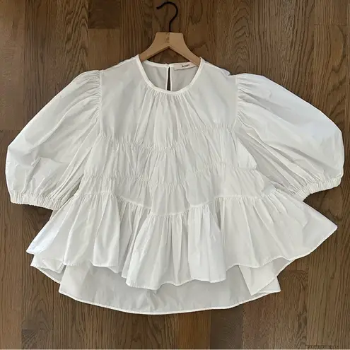 Brogger Round Neck Puff Sleeve Tiered Oversized Taffeta Blouse in White Large
