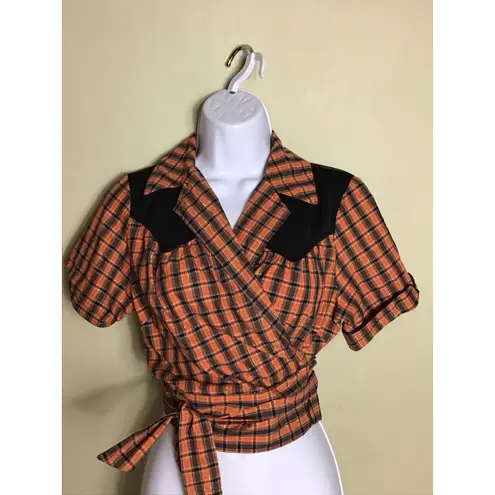 Unique Vintage Women 50’s Western Wrap Plaid Crop top Sz.Med Orange Cowgirl Boho