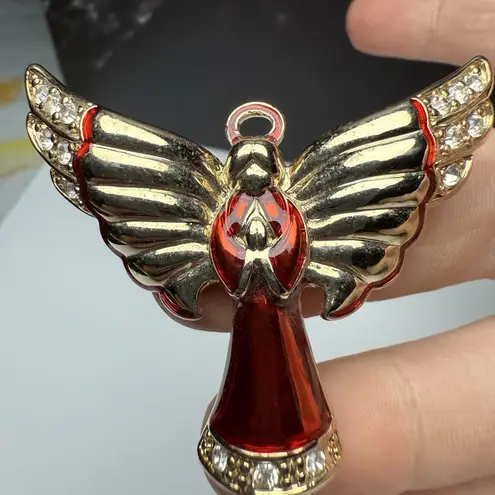 Monet Winged Angel Red Enamel Rhinestone Brooch Pin Gold Tone Signed