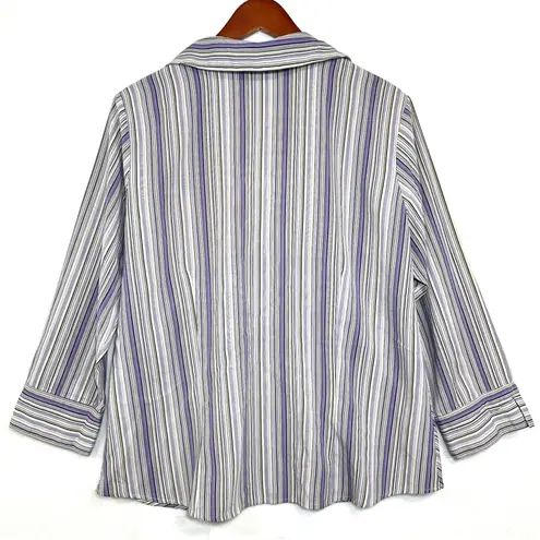 Notations Y2K XL Purple Striped Top Buttoned Asymmetrical Stretch Work 3/4 90s