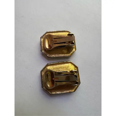 80s Vintage Womens Chunky Black Gold Tone Rhinestone Square ClipOn Earrings Chic