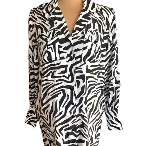 Vintage Black White Zebra Print Schrader Shirt Dress Button Front Long Sleeve 8P Size 8