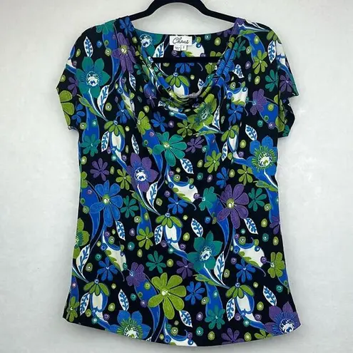 Chaus Floral Top Cowl Neck Short Sleeves Stretchy Material Sz S Purple