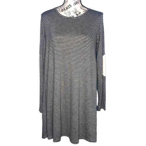 Sweet Claire  MEDIUM Striped Elbow Patch Back Button Long Sleeve T-shirt Dress