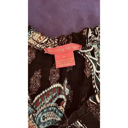 Sunny Leigh Paisley Print Blouse Smocked Boho Peasant Prairie Long Sleeves Med