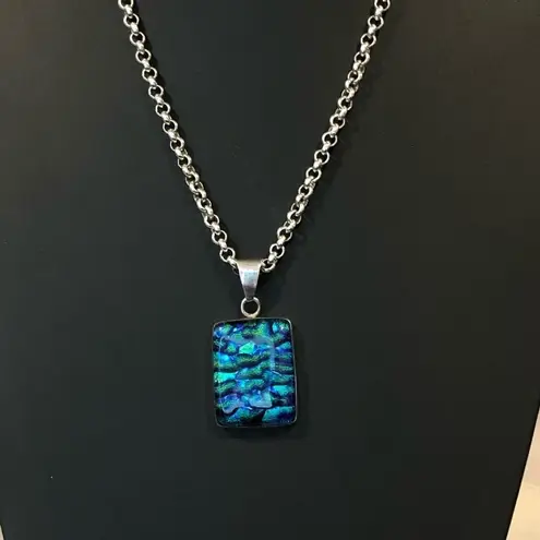 Sterling Silver Rolo Necklace and Blue Green Dichoic Glass 925 Pendant 24”