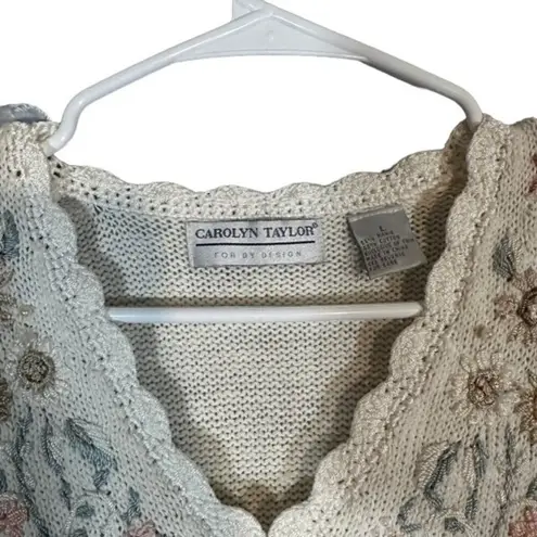 Carolyn Taylor White Cottagecore Floral Embroidered Knit Sweater Women Sz L VTG