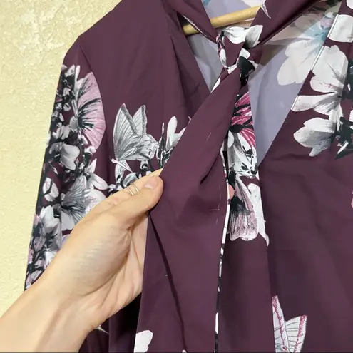 Natori Purple Floral Neck Tie Button Down Blouse