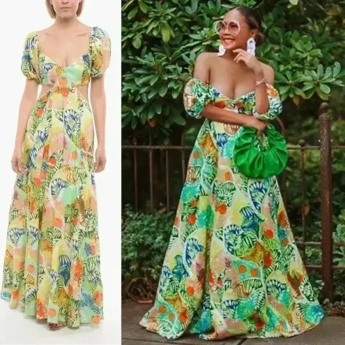 STAUD Coliseum Off-The-Shoulder Linen Tropical Print Dress Size 8