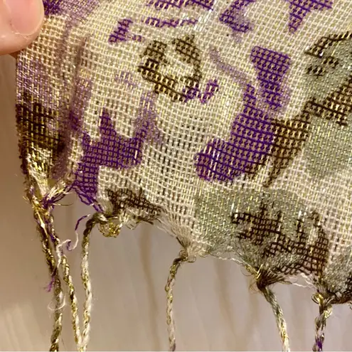 Gold Purple Floral Metallic Tassel Scarf Womens One Size