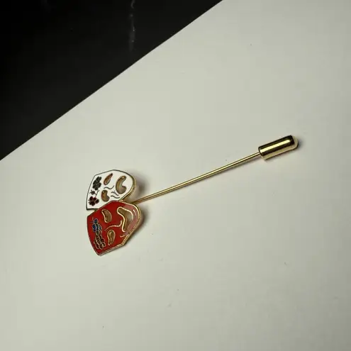Comedy Tragedy Drama Mask Lapel Stick Pin Gold Tone Enamel White Red
