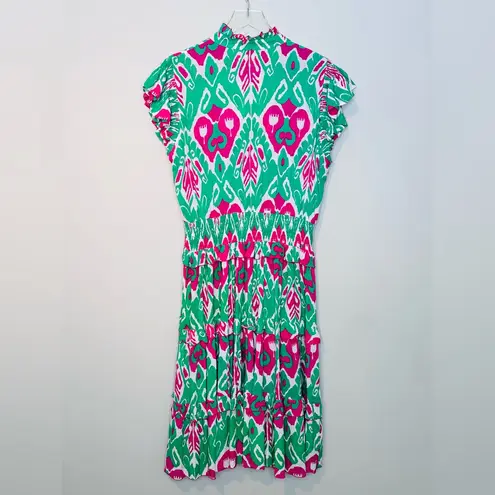 Feather & Find Pink Green Ikat Manifest Peace Midi Tiered Dress Size XL