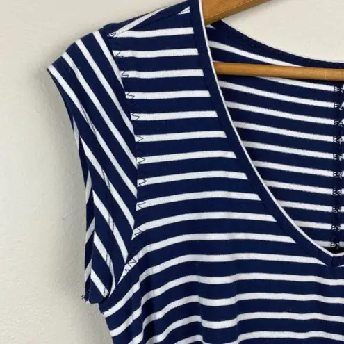 Toad & Co Muse Dress S Midi Stripe Navy Blue White Scrunch Ruche Tie Side V-Neck