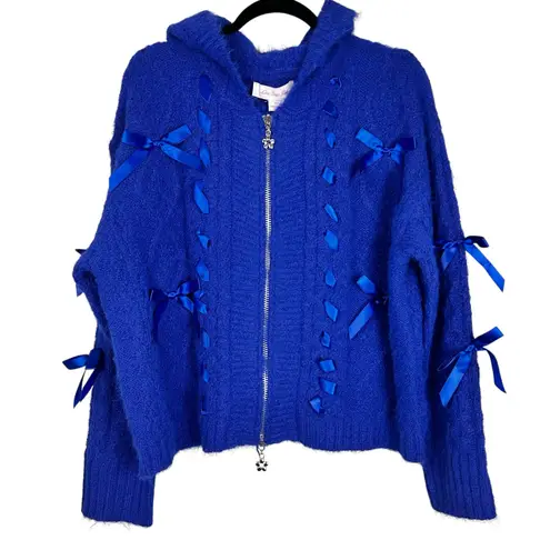 Lisa Says Gah Shelby Lace Embroidered Bow Hooded Cable Knit Zip Sweater Sz S NWT