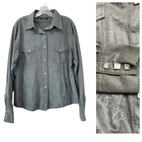 Outback Microsuede Paisley Tooled Square Pearl Snap Western Shirt Size Large Y2K Green