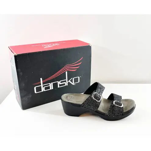 Dansko  Sophie Shagreen Metallic Python Leather Chunky Sandal Black Silver 11