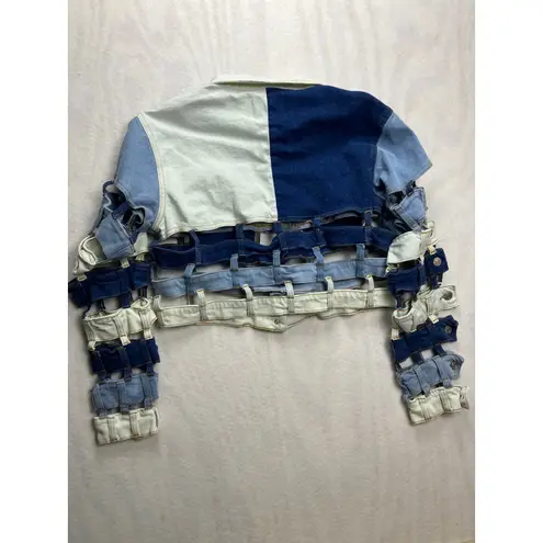 Azalea Wang Patchwork Cropped Denim Jacket Cutout Blue White Size L Statement Size L