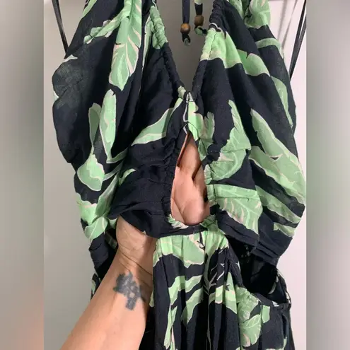 Seafolly Black, Green, Leaf Print , halter, cut out, open back, Maxi Dress XS
